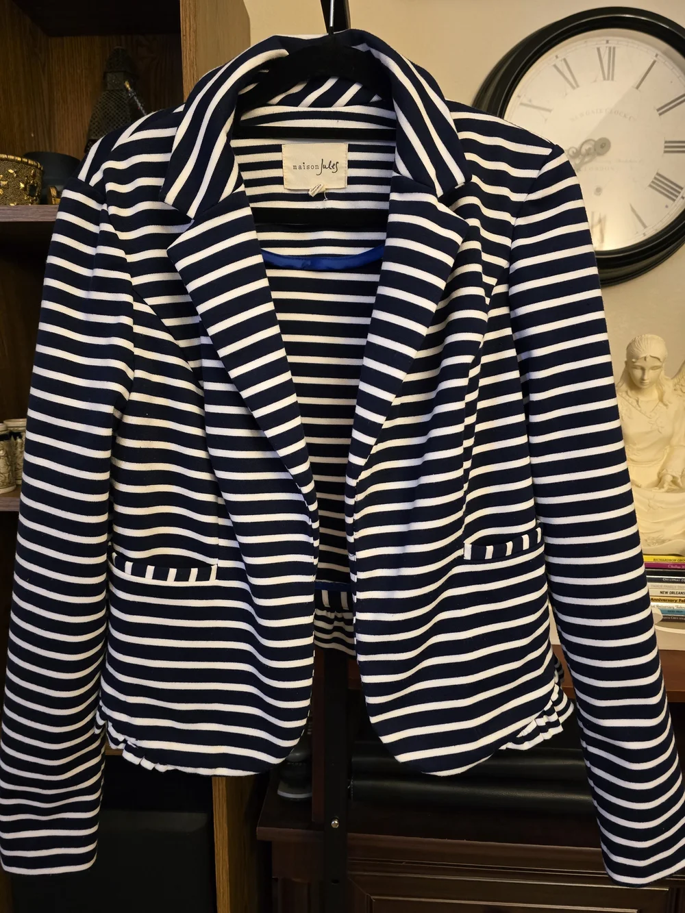 Maison Jules Navy White Striped Ruffle Hem Knit Blazer Preppy Career Size M